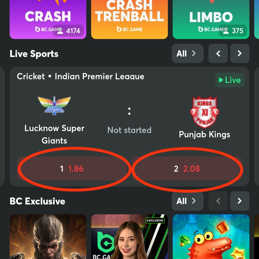 BC.game ओड्सको उदाहरण भएको चित्र